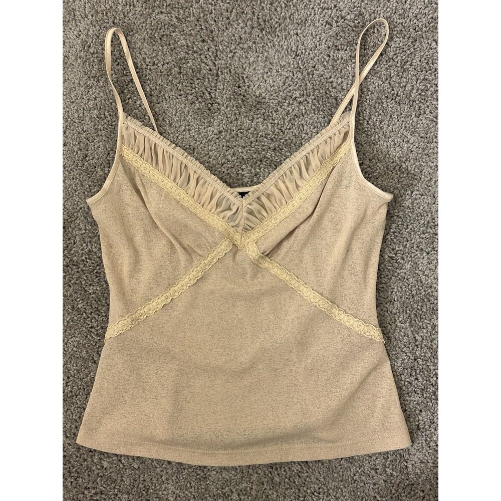 VTG Y2K Babydoll Tank Top V Neck Fairy Sheer Lace Whimsigoth Milkmaid Cream M - Picture 1 of 7